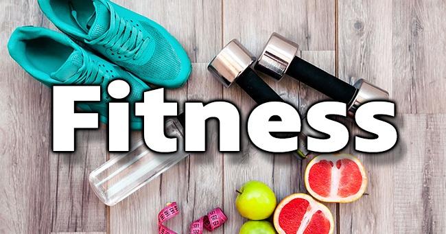 Fitness graphic featuring turquoise athletic shoes, dumbbells, a water bottle, measuring tape, green apples, and grapefruit on a wooden floor, with “Fitness” in large white text.