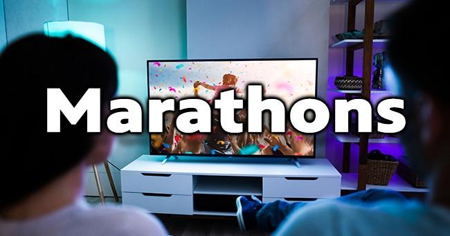 Marathons graphic showing two people watching a television in a dimly lit living room, with “Marathons” in large white text.