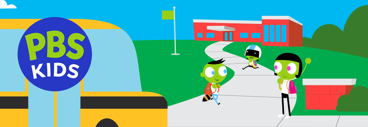 PBS KIDS school arrival scene featuring a yellow school bus and green cartoon characters walking toward a red school building, with the PBS KIDS logo on the left.