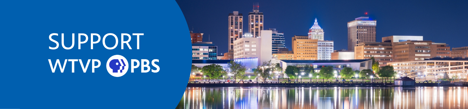 The Peoria Riverfront at night with the reflection of the lights on the Illinois River with the words Support WTVP overlayed