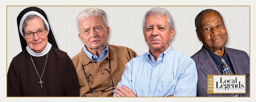 2026 Local Legends: Visions of Central Illinois banner featuring, from left, Sister Judith Ann, Gerry Brookhart, Kert Huber and Ron Givens.