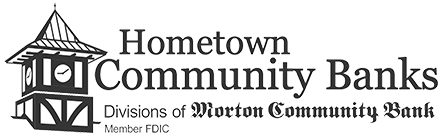 Hometown Community Banks logo featuring a clock tower, with the text “Divisions of Morton Community Bank” and “Member FDIC.”