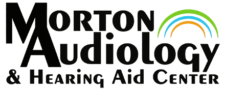 Morton Audiology & Hearing Aid Center logo with green, blue, and gold arcs above the lettering.