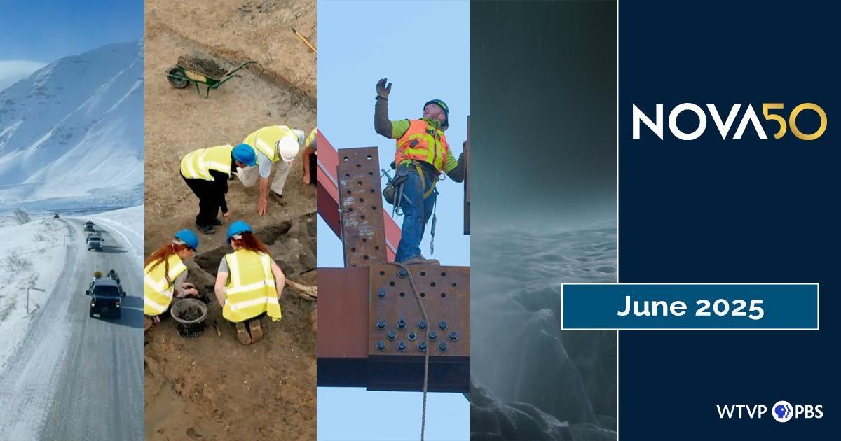 NOVA | June 2025: Vehicles driving on a snowy road in the mountains, Archaeologists, Construction worker on a steal beam, A Icey planet surface.