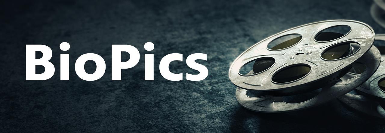 text: BioPics, over a dark background with old film reels.