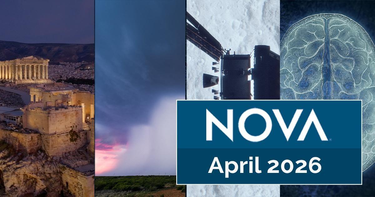 Logo: Nova Text: April 2026, there are four photos, The Acropolis at night, a Rainshaft, an artist concept of a lunar flyby and a scan of a brain.