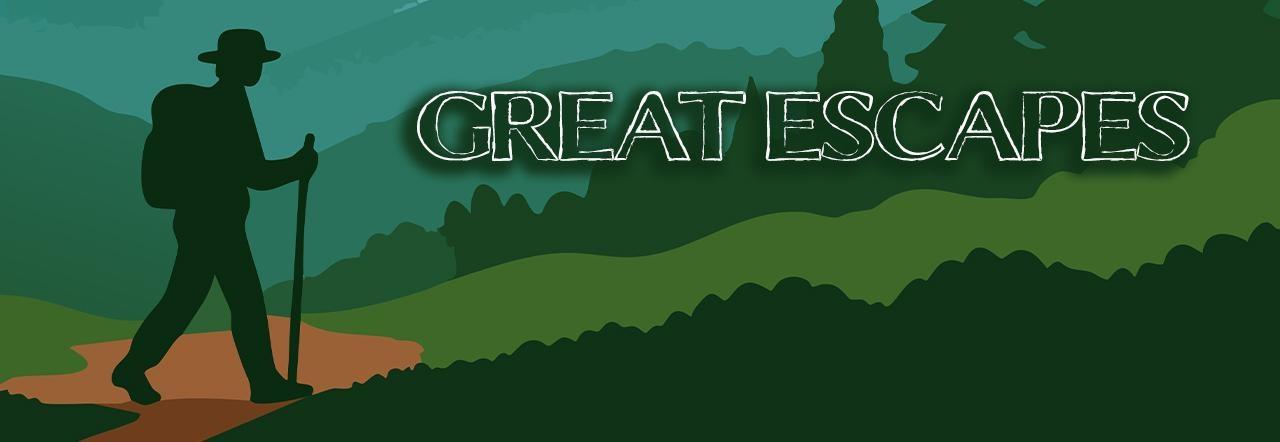 Graphic of a silhouetted person hiking with the text Great Escapes.