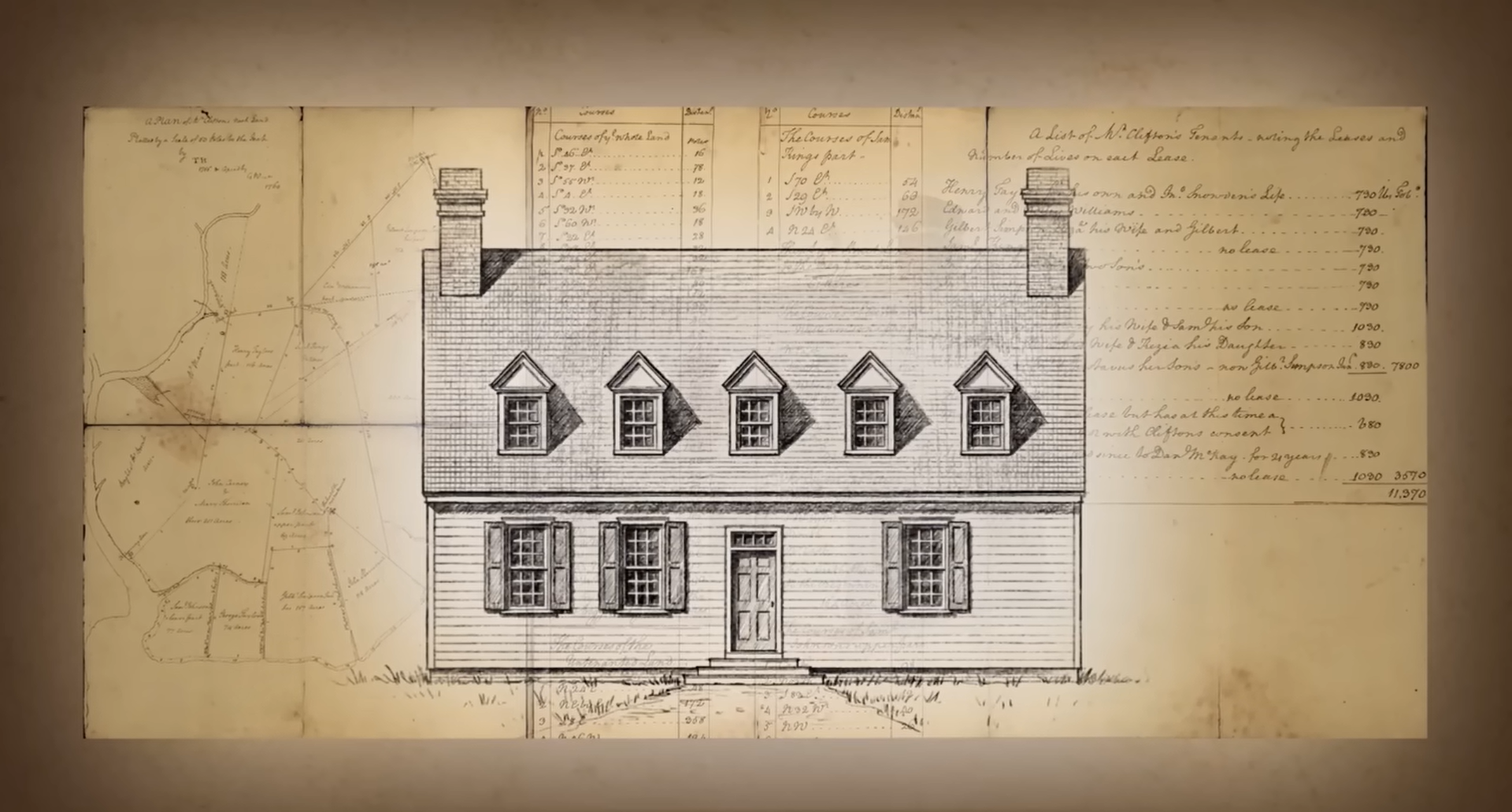 A Sketch of A Colonial Era House on Faded Yellow paper with charts, ledgers, and topographical maps filling the background.