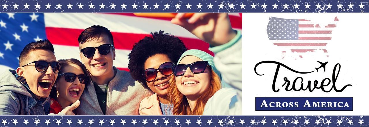 A photo with people taking a selfie and the text, "Travel Across America."