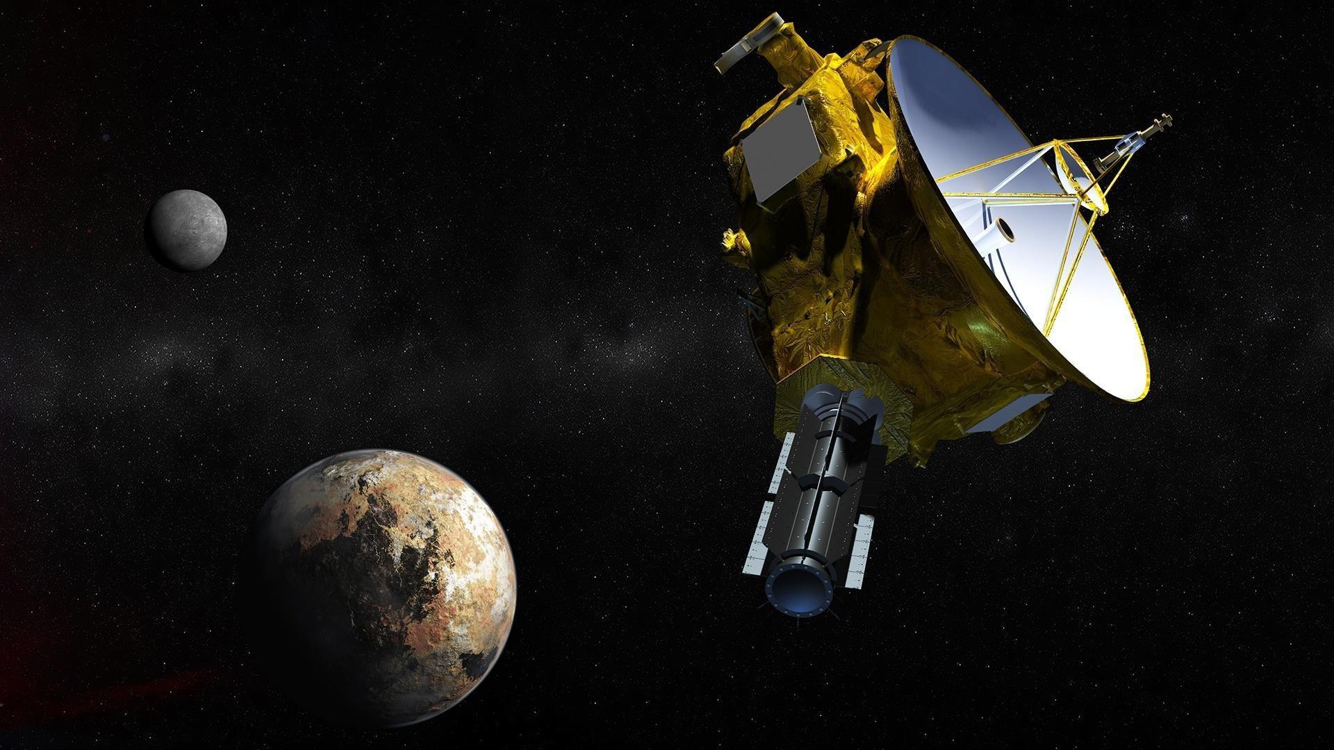 A satellite hovers in space with the earth in the foreground and Pluto in the distance.