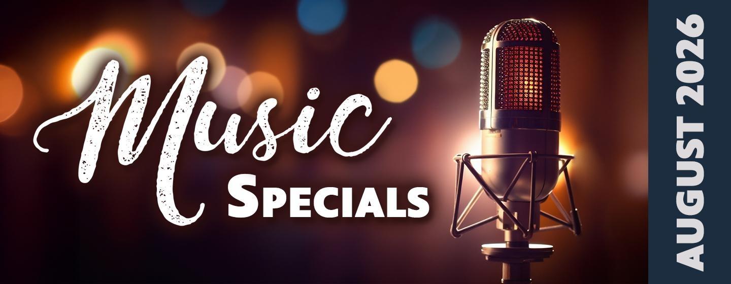 Hero banner for "Music Specials – August 2026" featuring a studio microphone against a warm, blurred background of stage lights. Large white text reads "Music Specials," while a vertical dark blue sidebar on the right displays "August 2026" in white, creating a modern concert- or broadcast-inspired design.