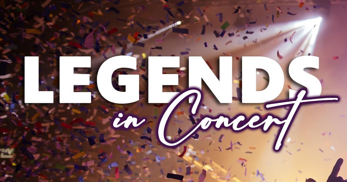"Legends in Concert" featuring colorful confetti falling over a brightly lit concert stage. Large white text reading "Legends" and stylized script reading "in Concert" overlay the festive scene, capturing the excitement and energy of a live music performance.