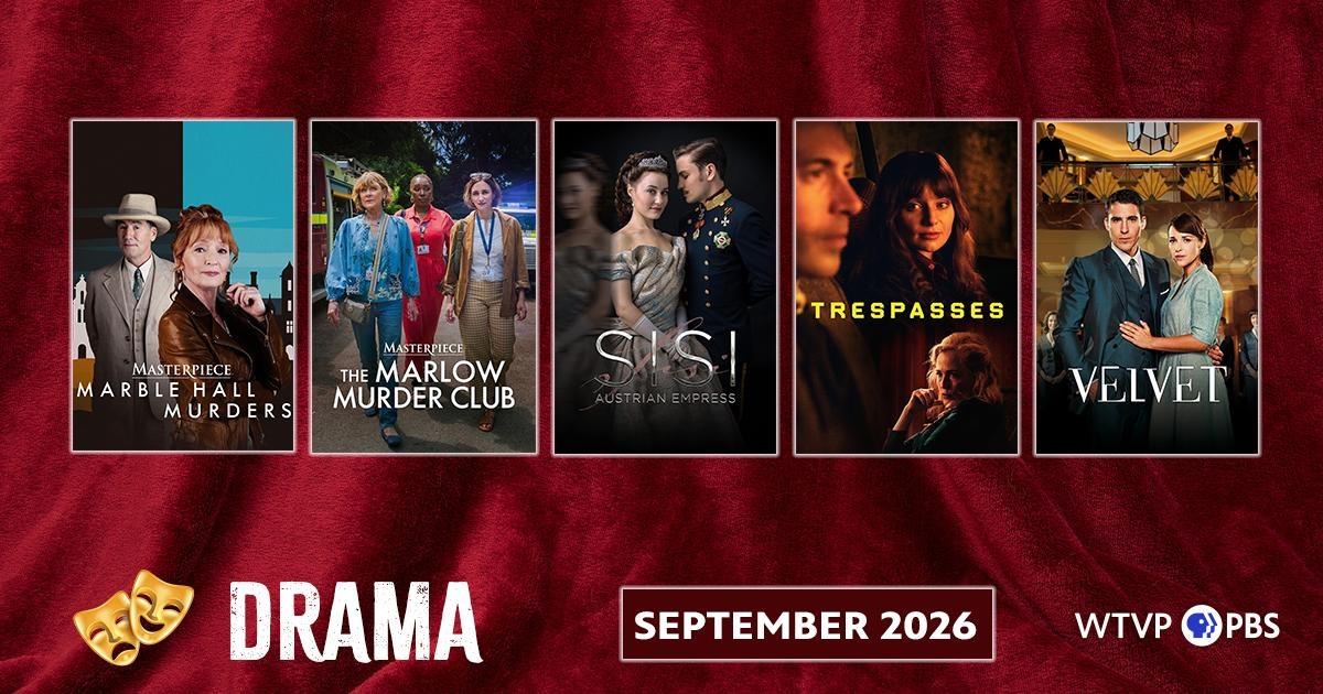 “Drama — September 2026” displayed on a red theater-curtain background alongside posters for Marble Hall Murders, The Marlow Murder Club, Sisi: Austrian Empress, Trespasses, and Velvet.
