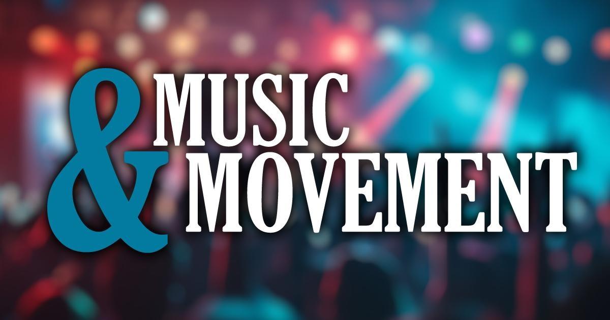 Large text reading “Music & Movement,” with a teal ampersand, set against a blurred background of a concert crowd illuminated by colorful stage lights.