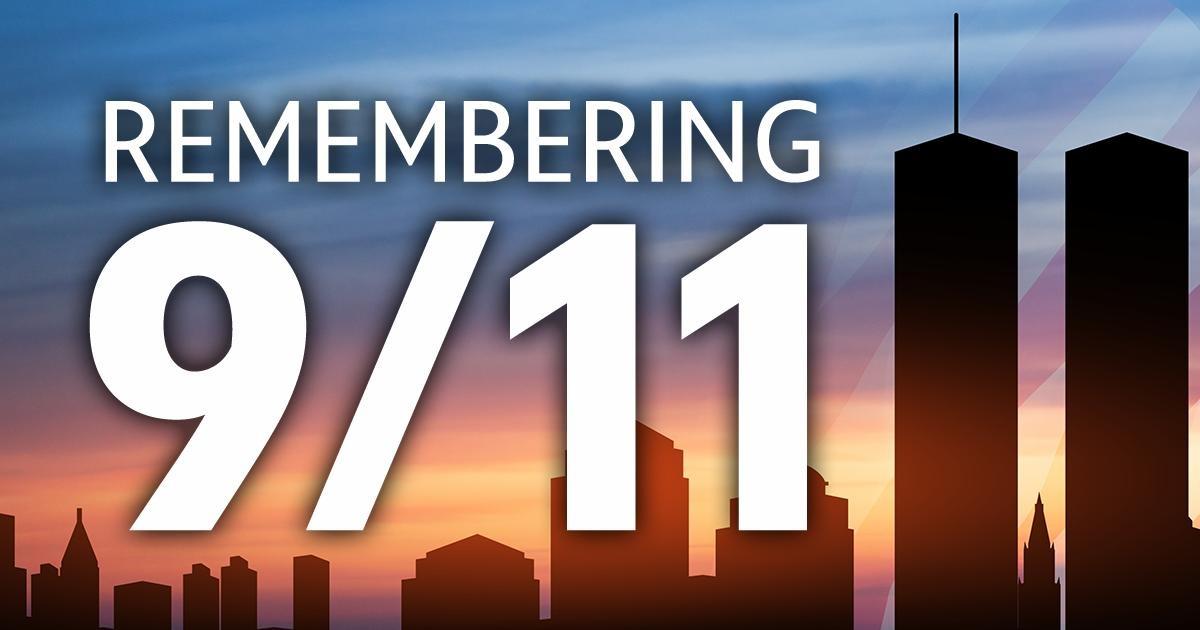 Silhouette of the New York City skyline and Twin Towers against a sunset sky, overlaid with a translucent American flag and the words “Remembering 9/11.”