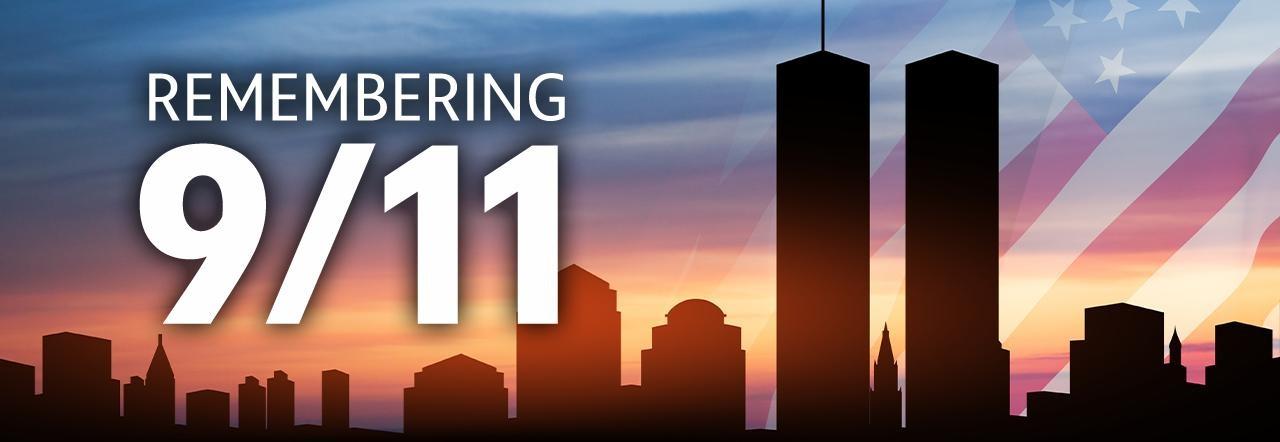 Silhouette of the New York City skyline and Twin Towers against a sunset sky, overlaid with a translucent American flag and the words “Remembering 9/11.”