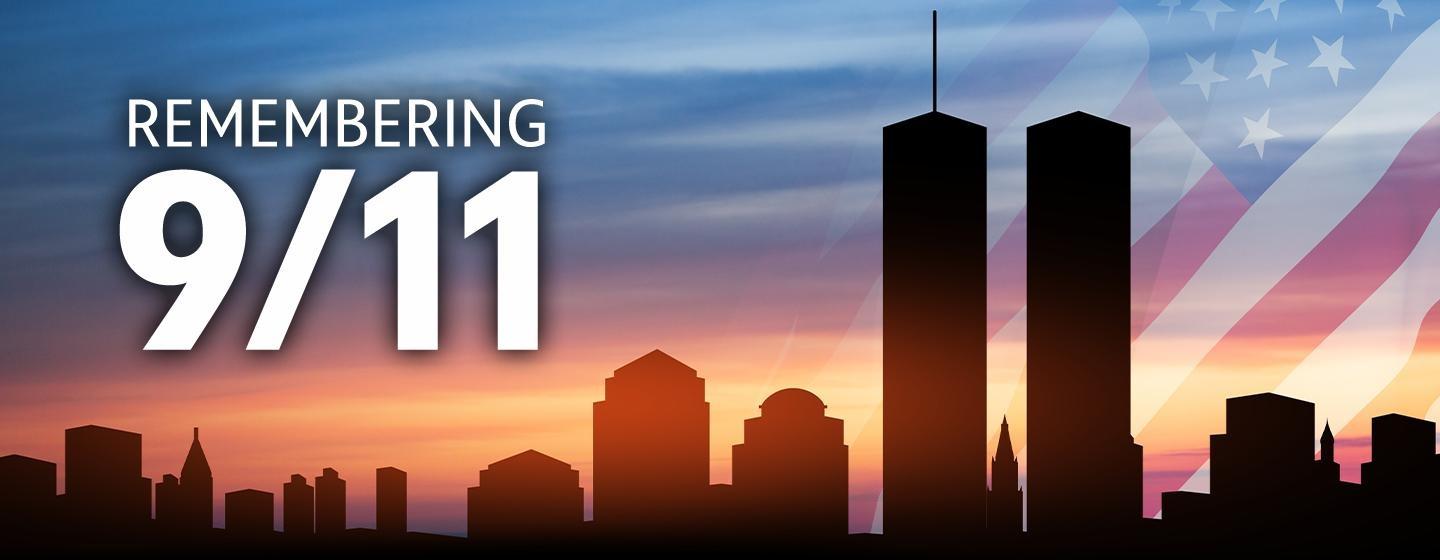 Silhouette of the New York City skyline and Twin Towers against a sunset sky, overlaid with a translucent American flag and the words “Remembering 9/11.”