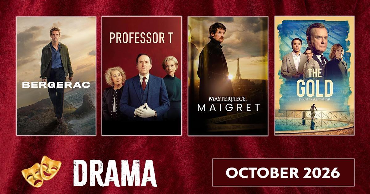 Drama October 2026 banner featuring Bergerac, Professor T, Maigret, and The Gold against a red theater curtain.