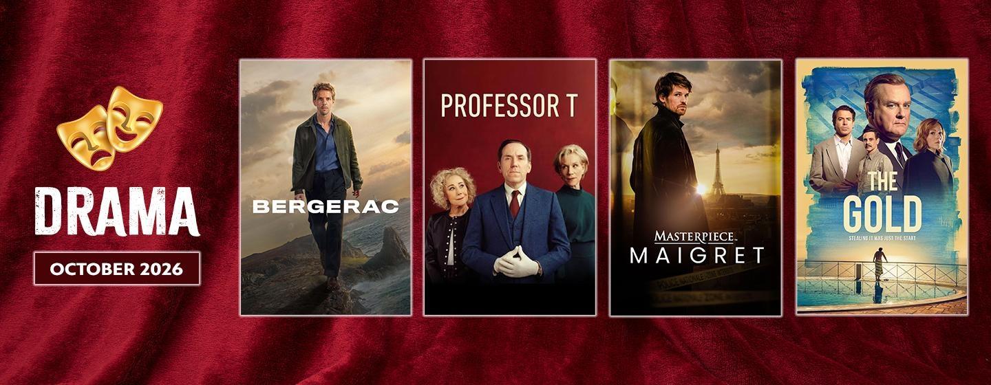 Drama October 2026 banner featuring Bergerac, Professor T, Maigret, and The Gold against a red theater curtain.