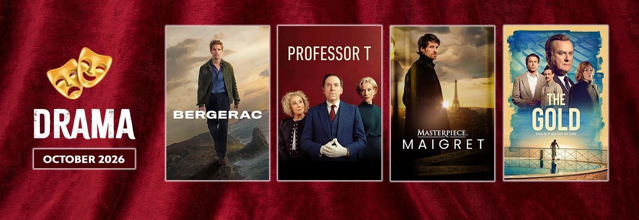 Drama October 2026 banner featuring Bergerac, Professor T, Maigret, and The Gold against a red theater curtain.