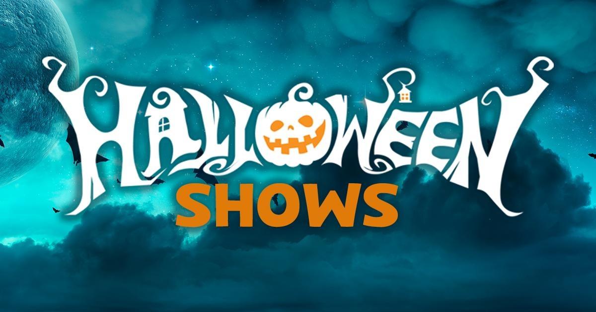 Halloween Shows graphic with spooky white lettering, an orange jack-o’-lantern, bats, dark clouds, and a glowing blue moon.