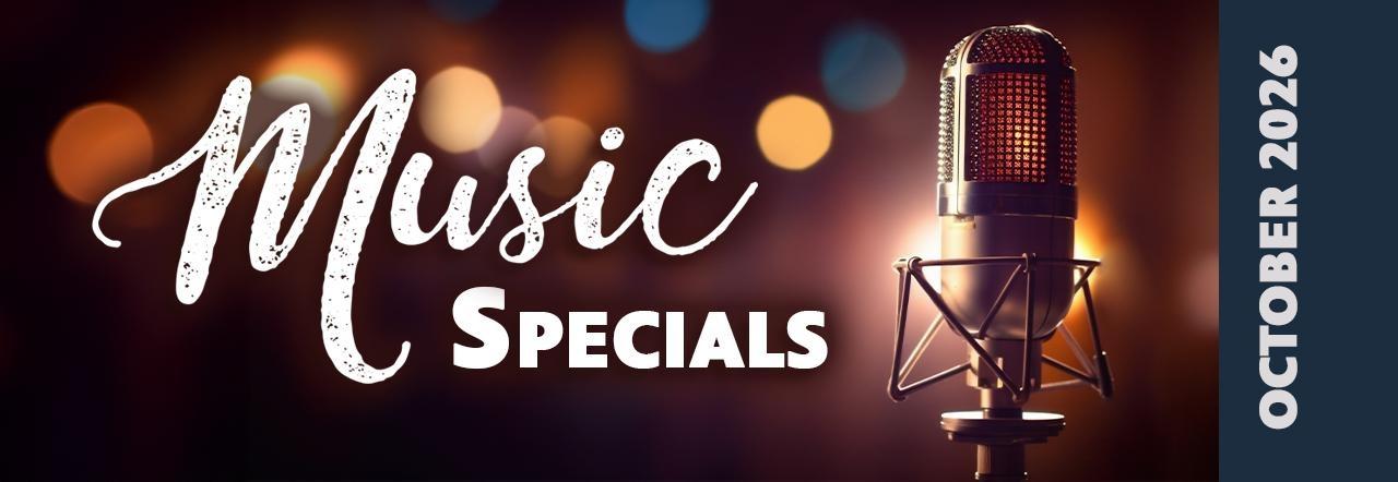 Music Specials graphic featuring a vintage microphone against warm, blurred stage lights, October 2026.