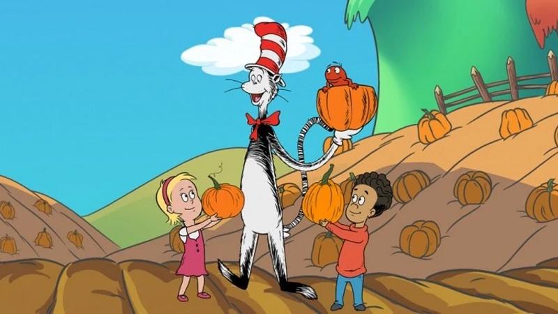 Cat in the Hat and friends at a pumpkin patch