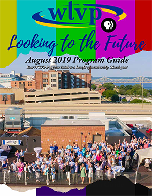 August 2019 Program Guide Cover - Looking to the future, picture of a roof top party