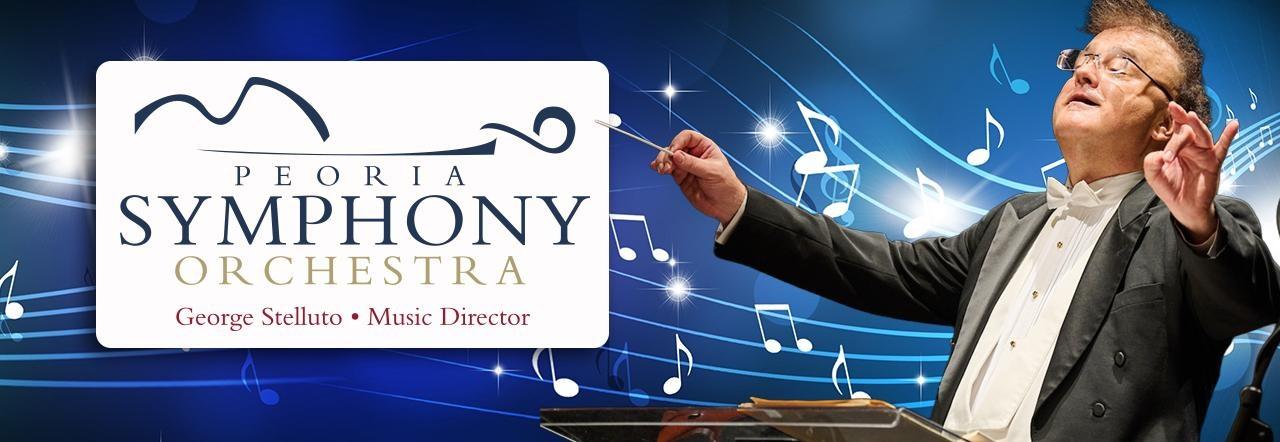 George Stelluto, Music Director, conducting over a blue background of musical notes with the Peoria Symphony Orchestra Logo