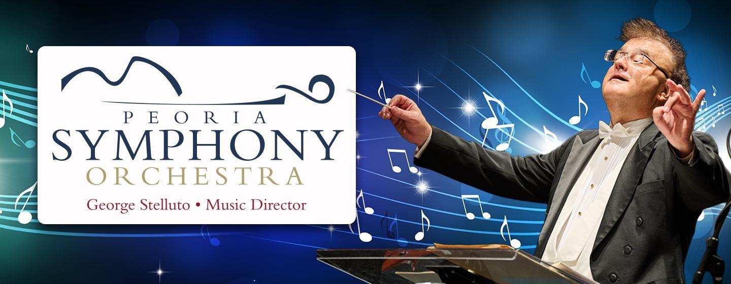 George Stelluto, Music Director, conducting over a blue background of musical notes with the Peoria Symphony Orchestra Logo