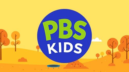 PBS KIDS logo centered on a bright yellow illustrated landscape with orange hills, trees, and a small white cloud.