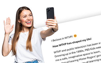 Share your Stories - Woman making a selfie with her phone, a text story in the background
