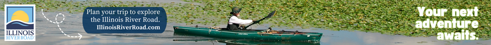 A man paddling a kayak. There is a logo for the Illinois River Road, and additional text reads "Plan your trip to explore the Illinois River Road. IllinoisRiverRoad.com" and "Your next adventure awaits."