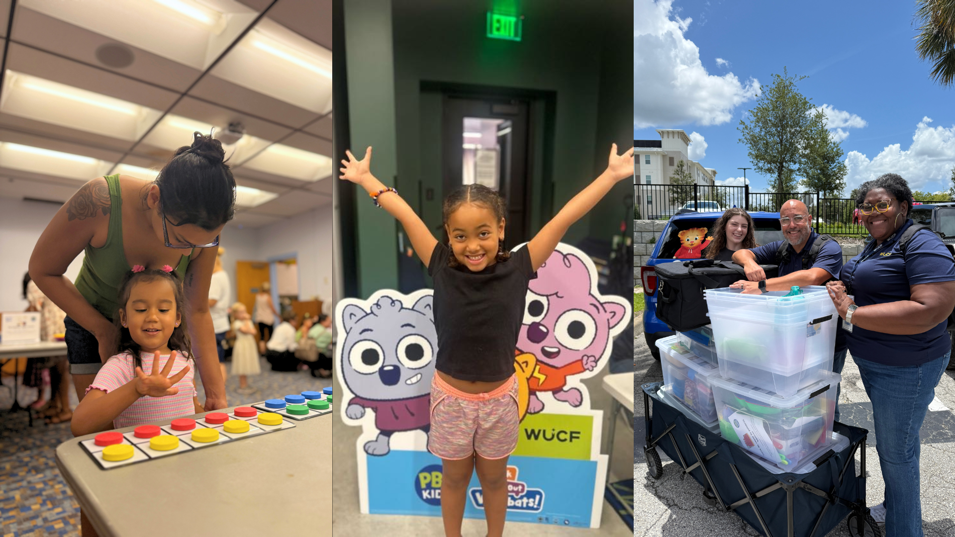 This photo shows three images from the events in DeLand and Winter Park where kids were smiling. The far right photo shows the WUCF Education team.
