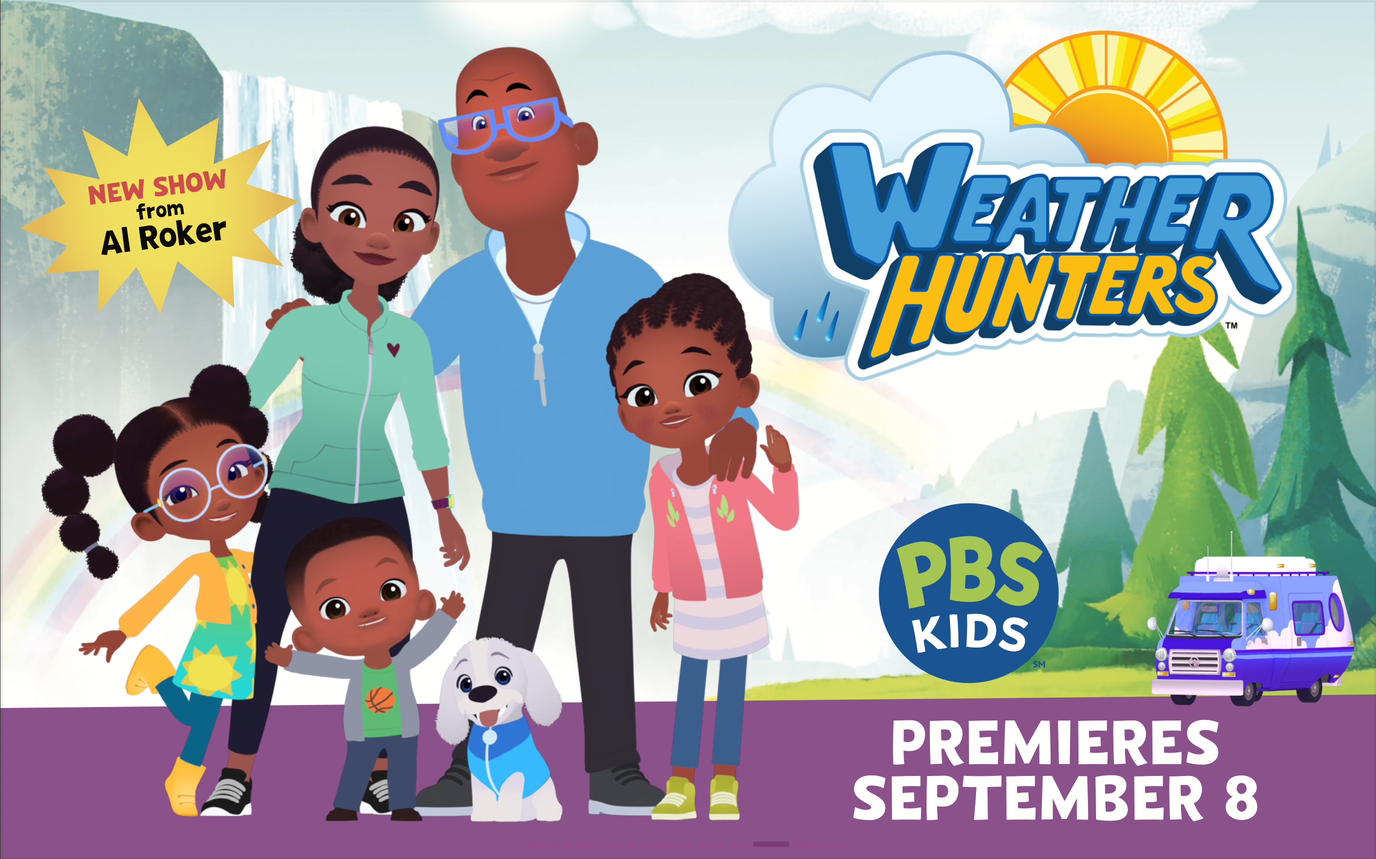 Image of Weather Hunters show featuring the show's family characters alongside a show logo and PBS KIDS symbol