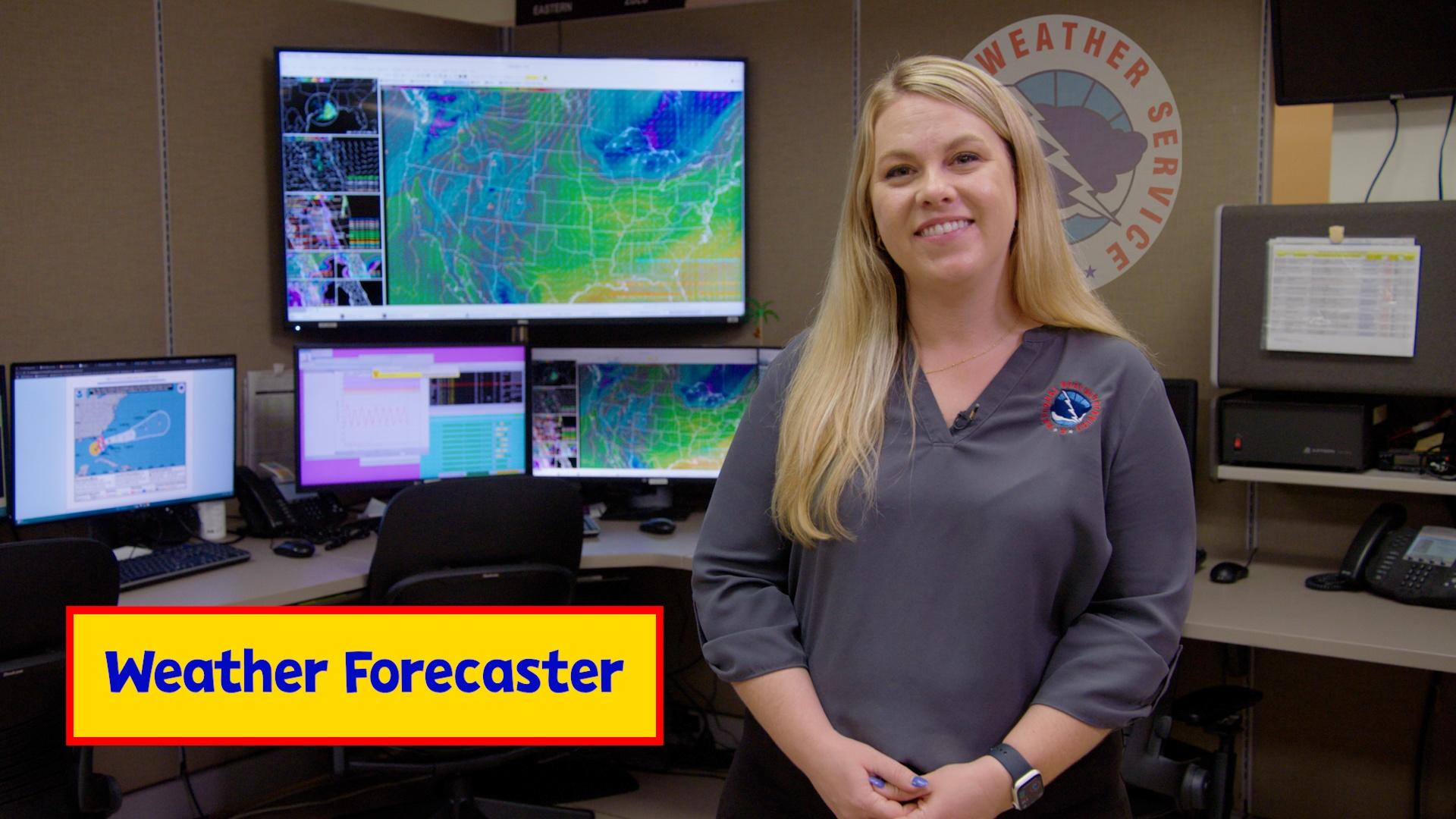 NWS Meteorologist Jessie Ruth Schaper stands in her office in Melbourne, FL. 
