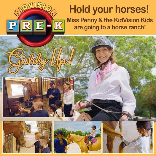 a smiling woman sitting on top of a horse; within the same image are four mini pictures of children playing with, and riding horses.