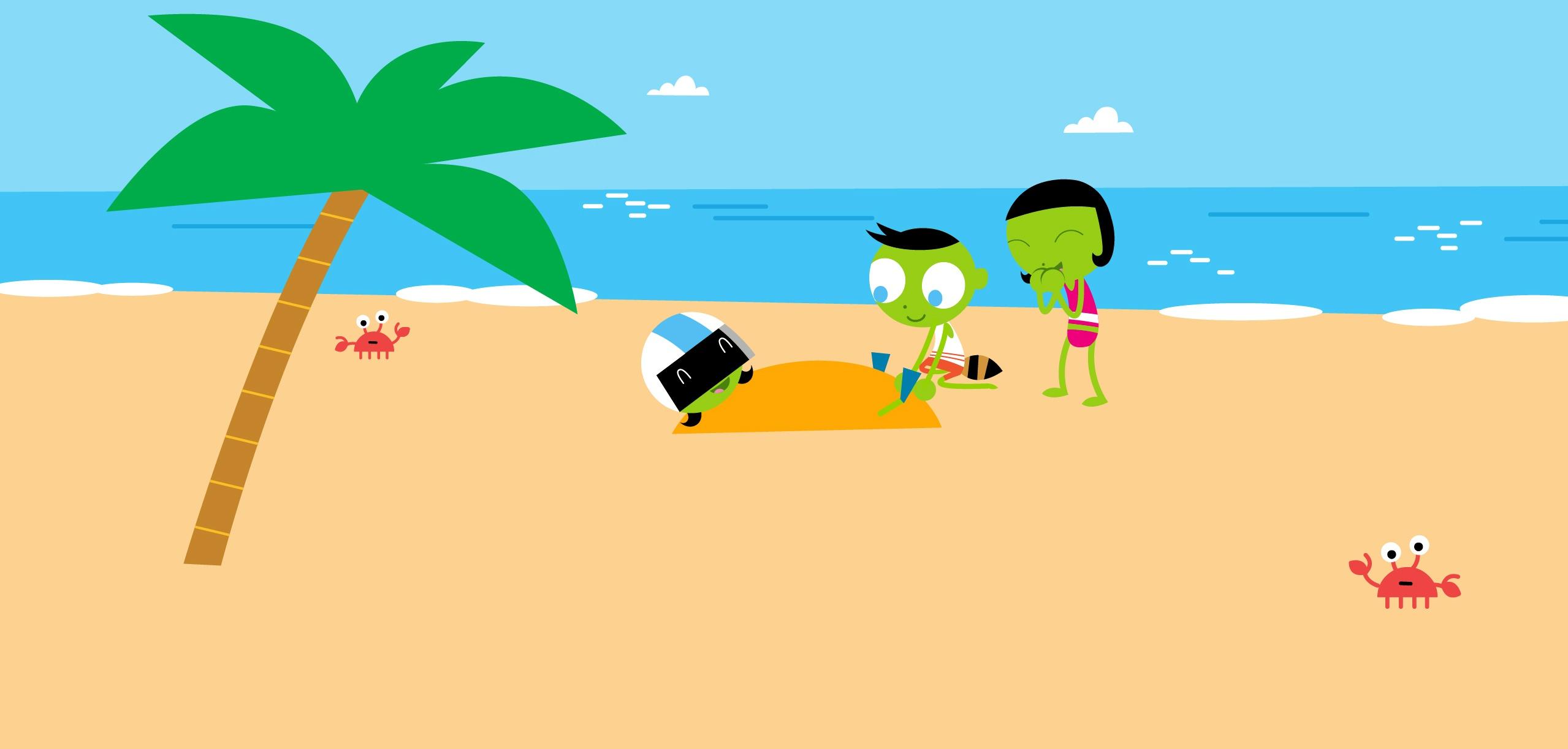 cartoon graphic of three green kids playing at the beach and laugh. One child is playfully being buried under the sand by the others..