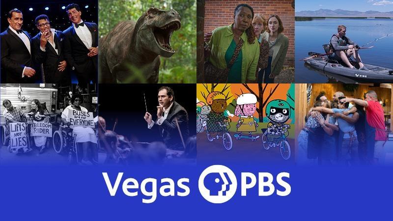 Vegas PBS in white against a blue background with a tiled collage of thumbnails from various shows including Vegas All In, Carl the Collector, and Outdoor Nevada