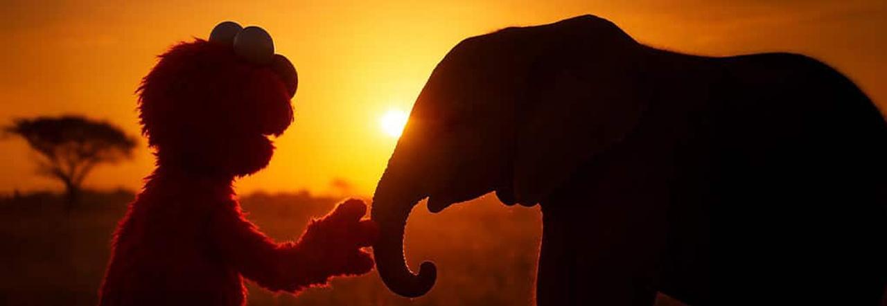 Elmo reaching out to touch a baby elephant's trunk in a scene in Africa, backlit by the sun