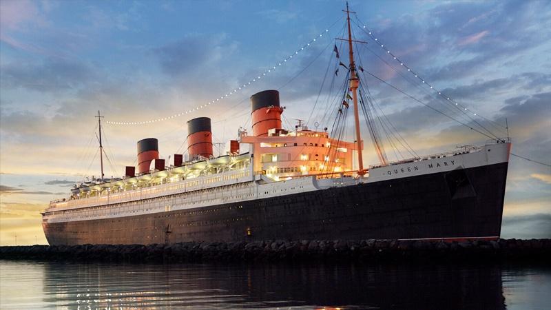Queen Mary ocean liner at twilight