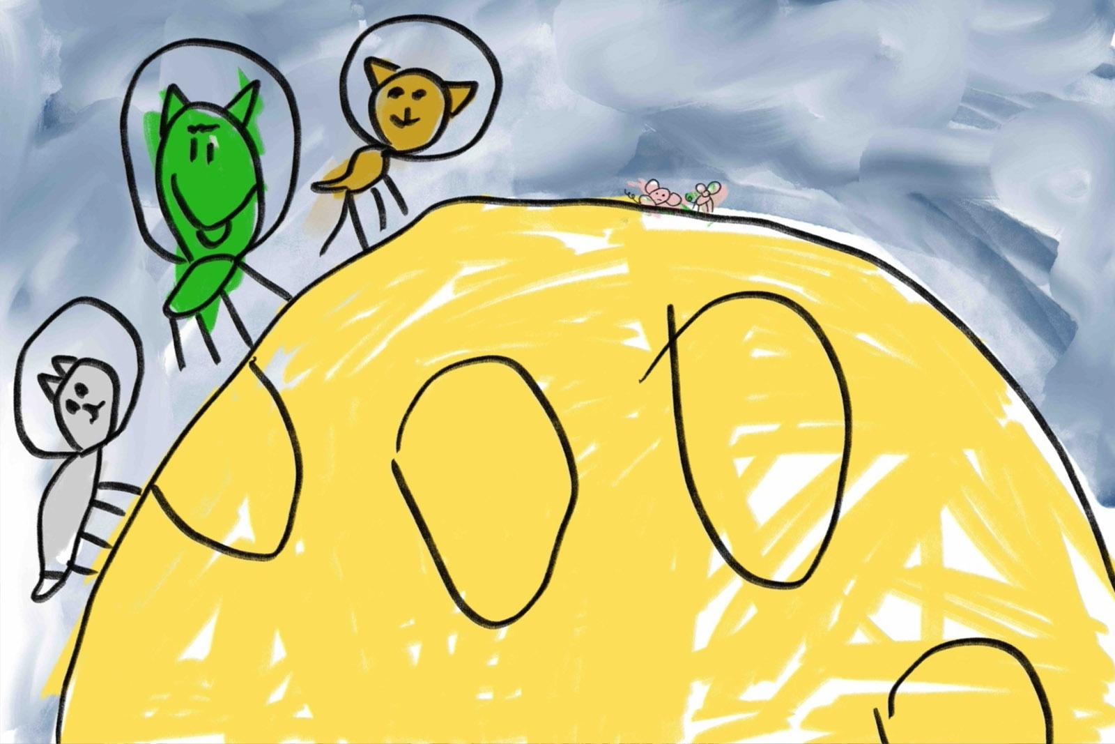 A child's color drawing of three animals wearing astronaut helmets perched on a yellow planet against a gray sky