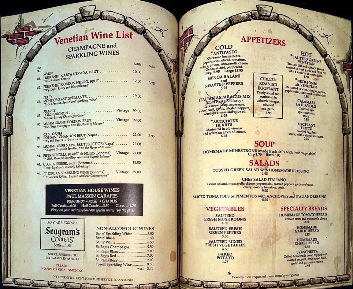 A two-page spread of the wine list and appetizer pages from The Venetian menu