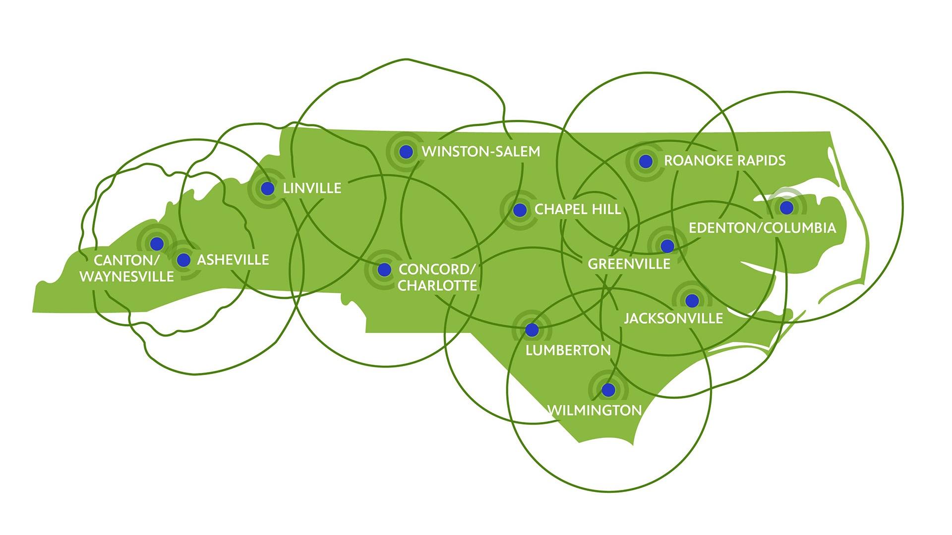 A map of North Carolina showing the broadcast coverage for 13 towers across the state, full covering the state of North Carolina and beyond.