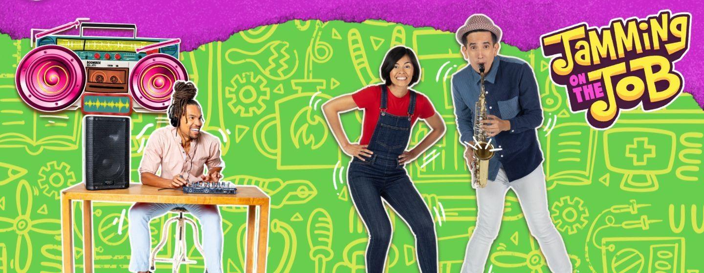 Jamming on the Job with Pierce Freelon as Boombox, Christina Sanabria and Andrés Salguero.