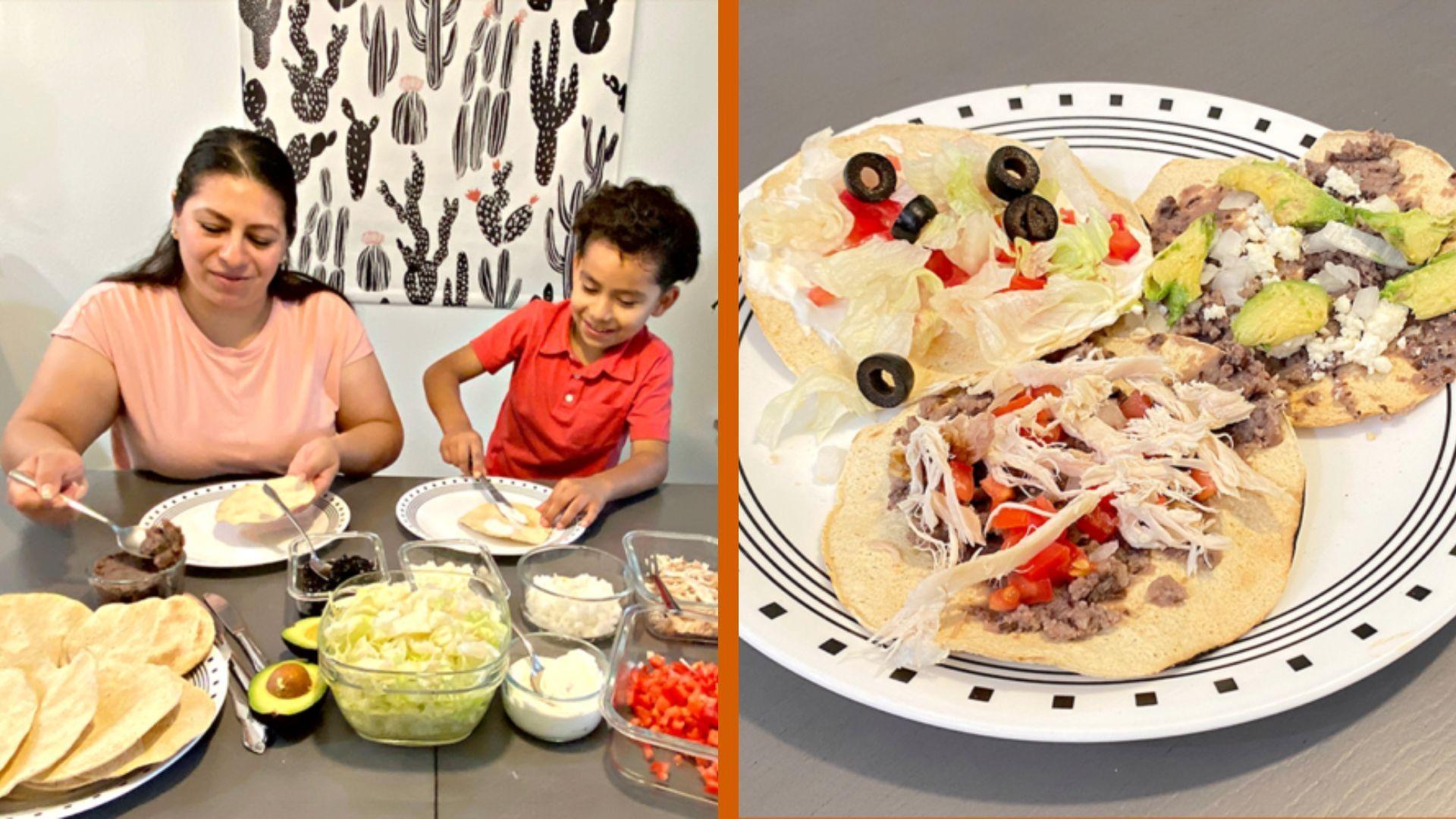 A child and their mom makes Rosie's Tostadas.