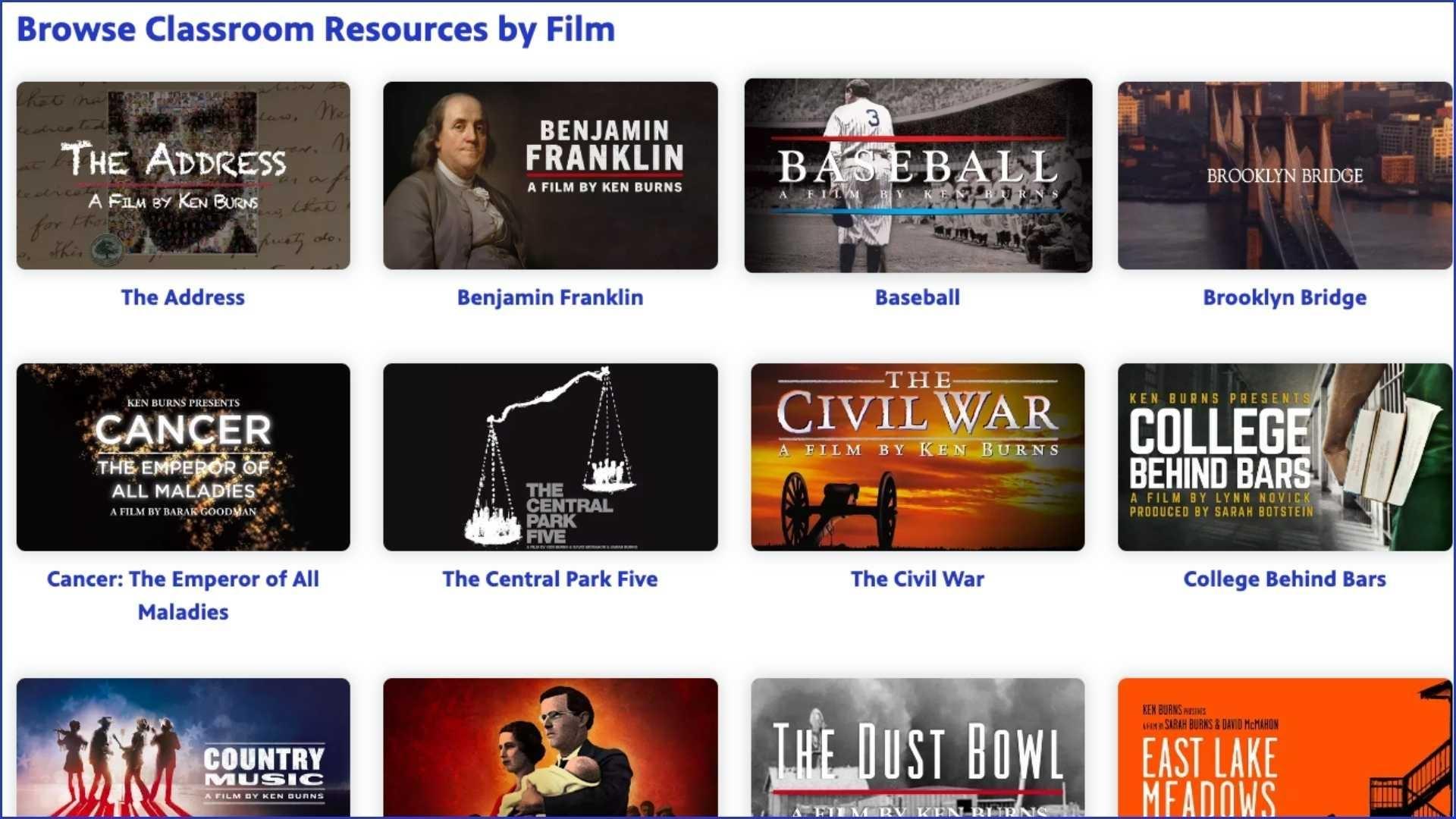 Grid of Ken Burns films with educational resources available at pbslearningmedia.org.