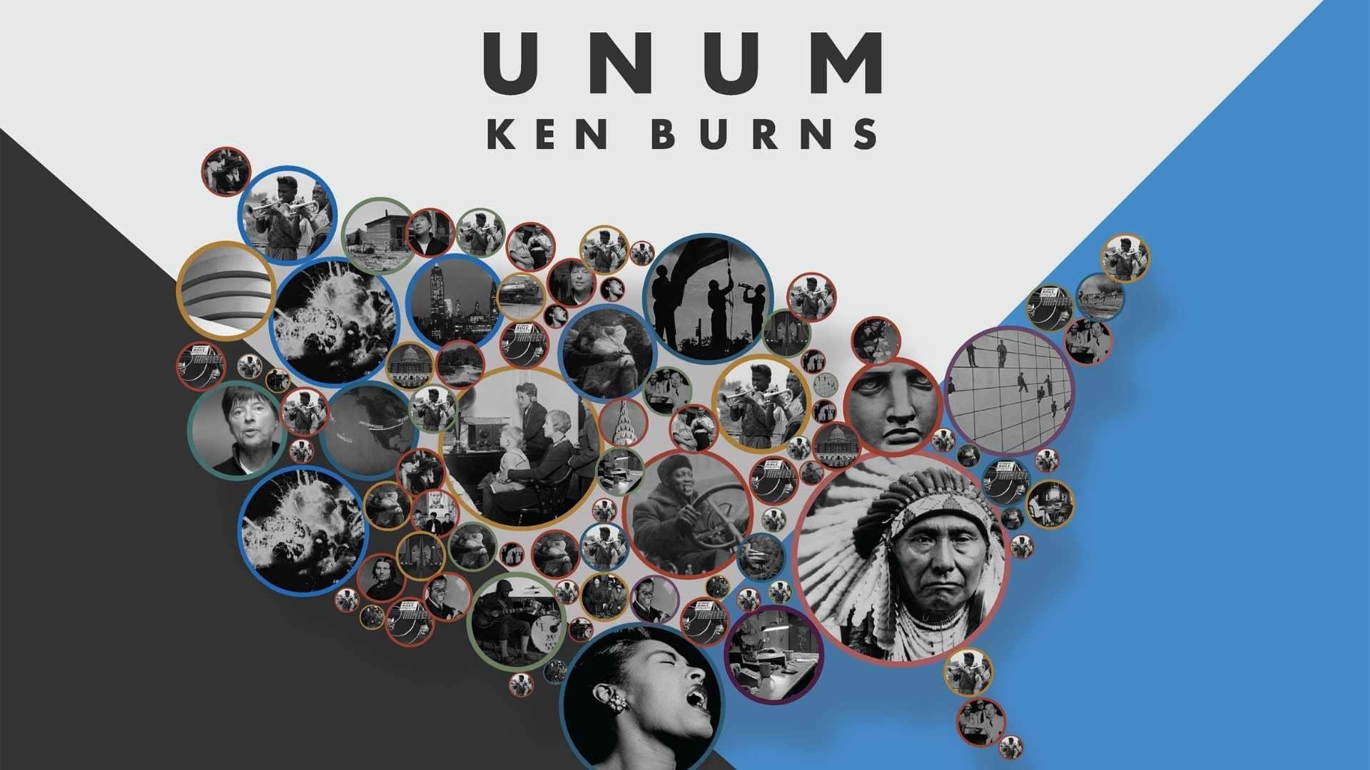 UNUM Ken Burns logo above a map of the United States featuring pop-out images of historical figures