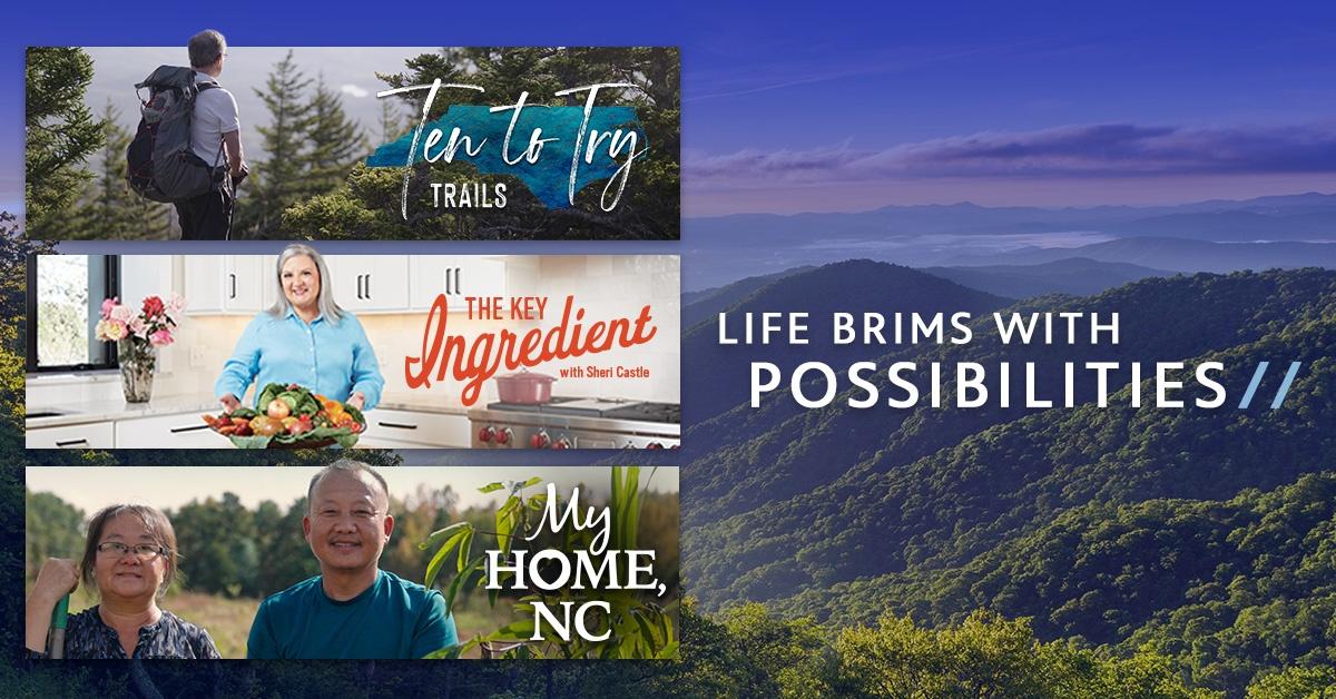 Show posters for Ten to Try, The Key Ingredient, My Music, and My Home, NC