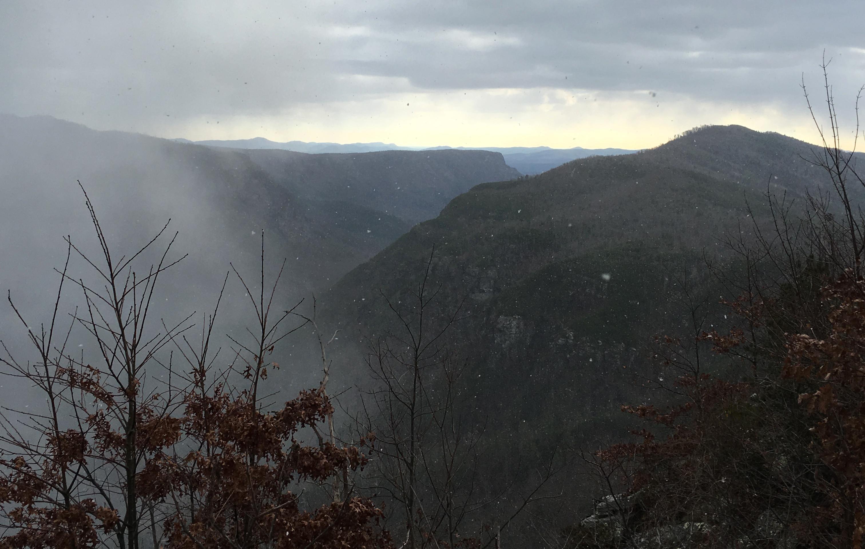 A photo of a Mountain range with fog in front of it.